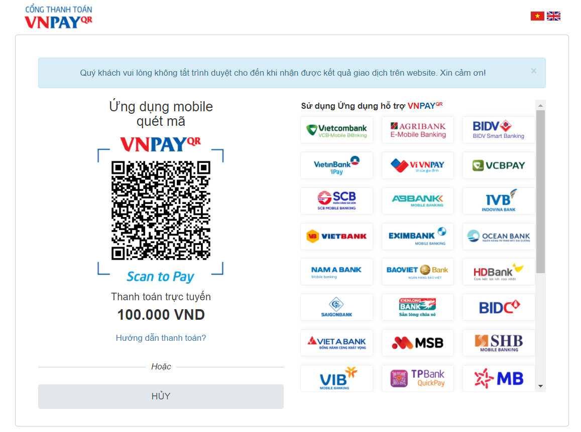 Giao diện phương thức thanh toán bằng VNPAY
